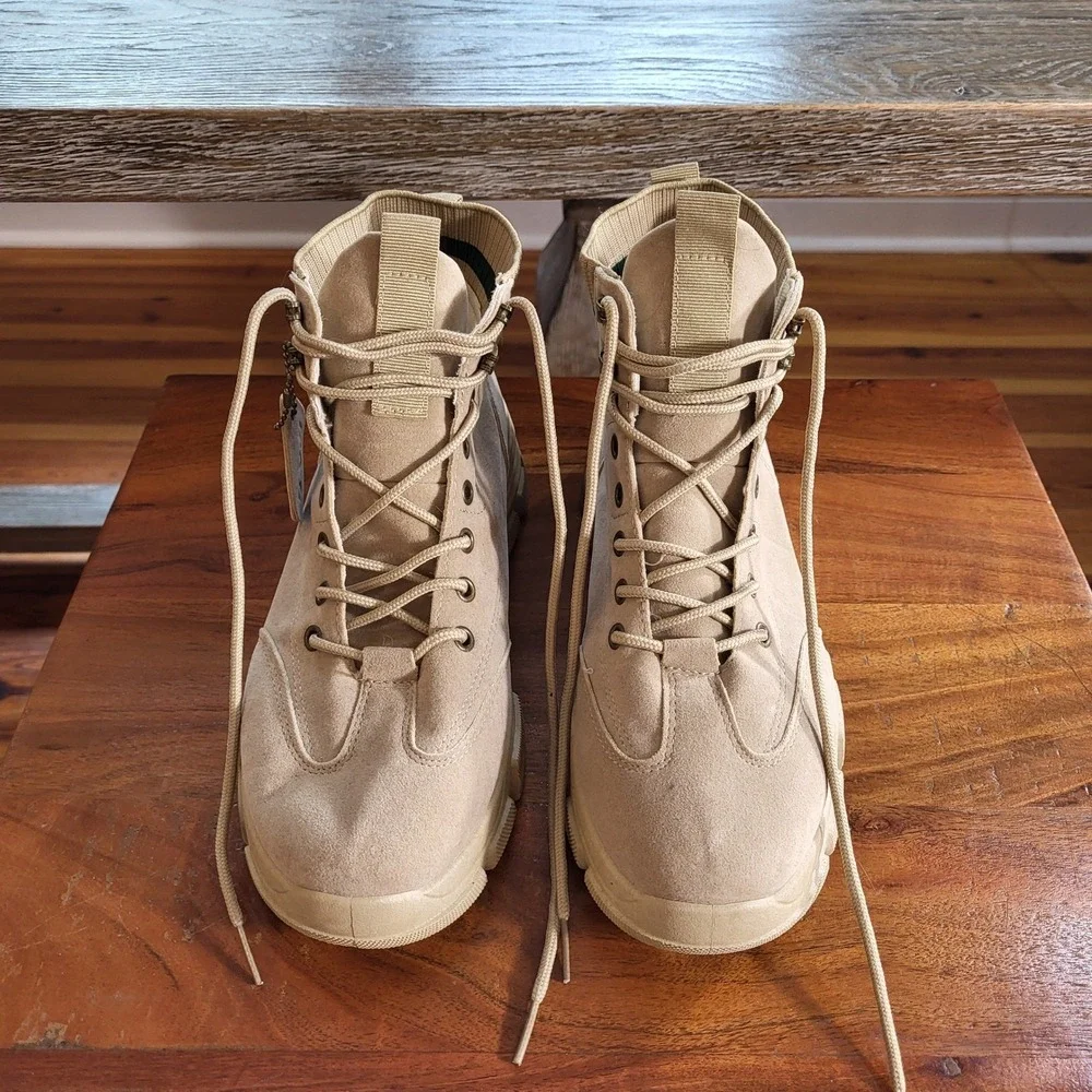 P.V.C Tan Suede Knit Collar Combat Boots Lug Sole Mens Size 43 Streetwear